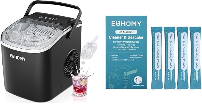 EUHOMY Countertop Ice Maker Machine with Handle, 26lbs in 24Hrs, 9 Ice Cubes Ready in 6 Mins with 4 Fl OZ Ice Maker Cleaner & Descaler | 4 Use
