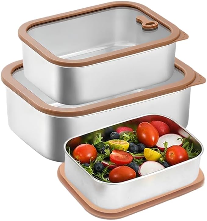 Stainless Steel Meal Prep Containers with Glass Lids - 304 Stainless Steel Kitchen Container for Office Lunches and Camping Trips (21 oz, 42 oz and 70 oz(3 pcs))