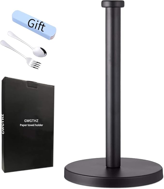 Black Standing Paper Towel Holder for Kitchen& Bathroom Countertop,Under Counter, Table Or BBQ, Standard or Jumbo-Sized Roll Paper (with Stainless Steel Base)