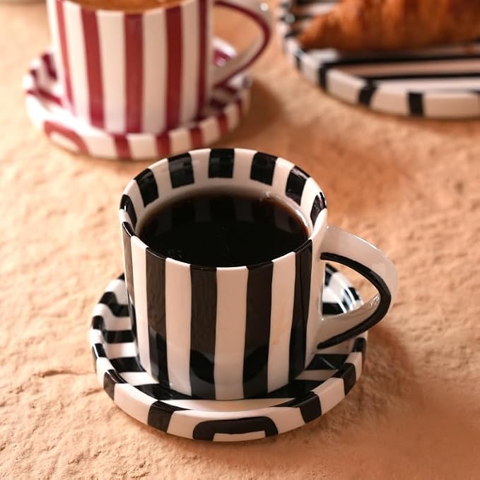 Festive Red and White Striped Ceramic Coffee Mug and Saucer Set, 200ml Latte & Tea Cup Gift for Holidays (Black)