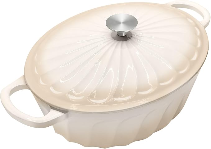 Enameled Dutch Oven Pot with Lid, 7 QT Cast Iron Dutch Oven with Dual Handles, Oval Dutch Oven for Cooking, Bread Baking, Frying, Non-stick Enamel Coated Oven (Caramel White)
