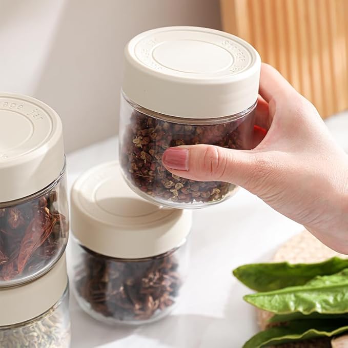 9 PCS Kitchen oil dispensers Spice Jars And Food Conainers Set, Clear Glass With Food Degree Plastic, 17 oz Cooking oil dispener, 8.8 oz Condiment Spice Jars, 8.4 oz Sealing Oats Containers