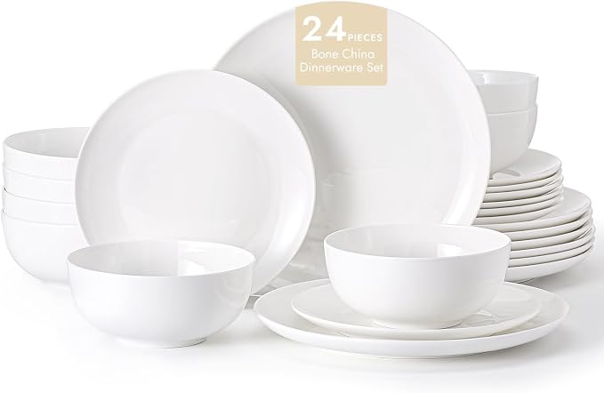 KINGSTONE 24-Piece Bone China Dinnerware Set for 8, Lightweight Porcelain Round Plates and Bowls Set, Durable Scratch Resistant Ceramic Dinner Set, Microwave & Dishwasher Safe, Ivory White