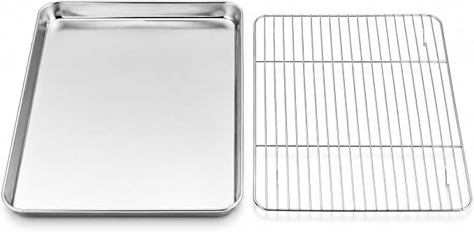 Onader 9x13IN Stainless Steel Quarter Cookie Sheet Pan with Wire Rack Set | Metal Toaster Oven Pan Tray for Baking, 1 Pan + 1 Rack, Nonstick & Dishwasher Safe