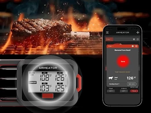 ARMEATOR Digital Meat Thermometer with 4 Probes, Bluetooth Meat Thermometer with LCD-Enhanced Booster for Food Cooking Grill Smoker