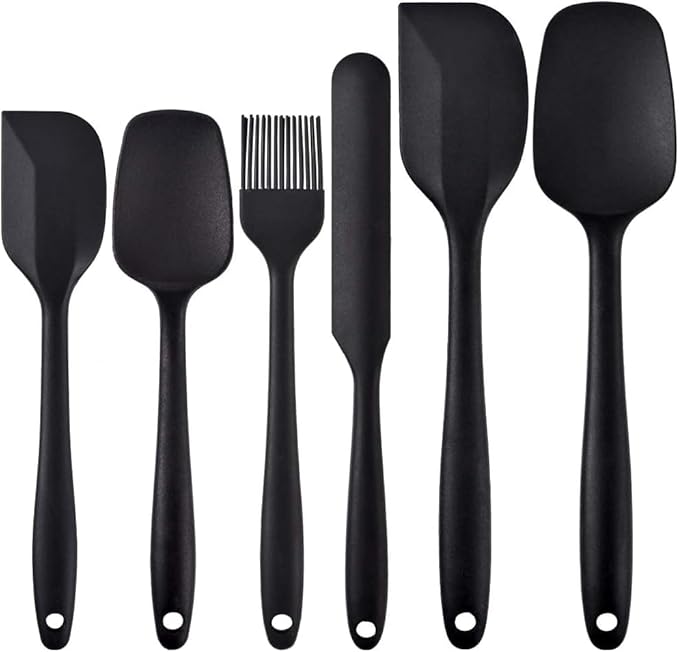 Spatulas Set of 6, Food Grade Silicone Spatulas Rubber Heat Resistant, Stainless Steel Core, Kitchen Utensils Nonstick for for Cooking, Baking and Mixing (Black)