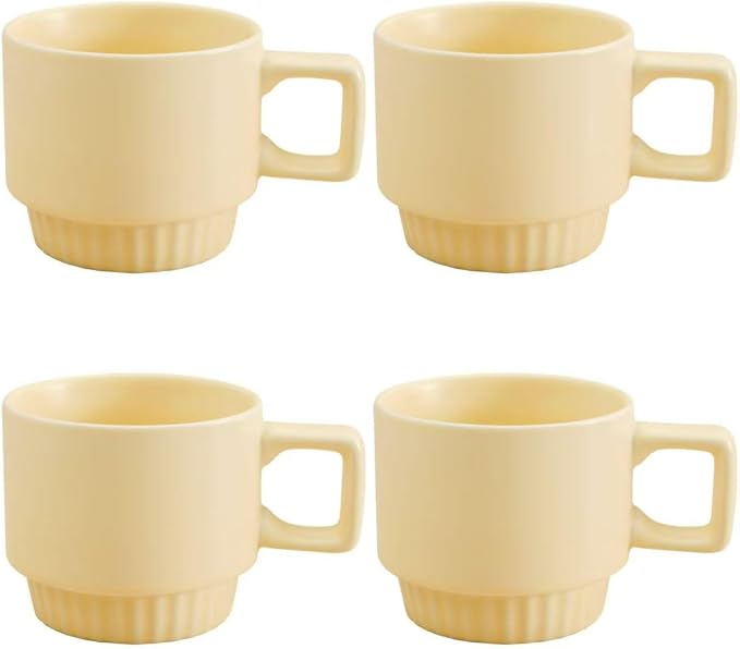 12OZ Stackable Coffee Mugs Set, Ceramic Coffee Cups with morandi color for Au Lait, Cappuccino,Latte,Cafe,Mocha,Tea, Suit Party Housewarming Wedding, Set of 4, Dishwasher&Microwave Safe（Creamy）