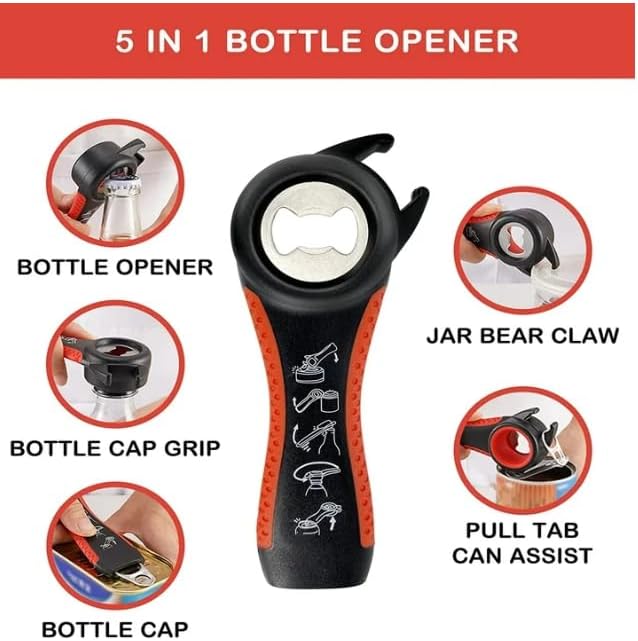 Jar Opener for Seniors & Weak Hands 4 in 1 – Arthritis-Friendly Bottle & Lid Opener with Non-Slip Rubber Grip, Easy Twist, Corkscrew – Essential Kitchen Tool for Elderly