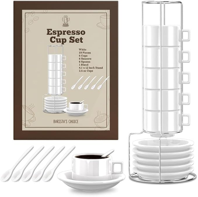 Houseables Espresso Cup Set, Espresso Cups Stackable, Expresso, Demitasse, with Saucers, Stand, Spoons, Coffee Mugs, Juego De Tazas Para Cafe, Porcelain, Stacking, 19 Pieces, Set of 6, 2.5 oz, White