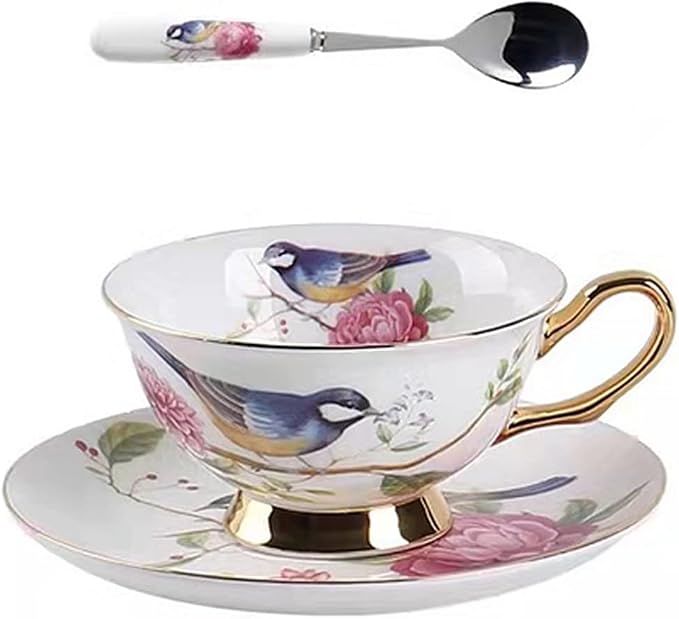 Honorable Coffee Cup Mug, Cappuccino, Tea Cup, with Saucer for Latte, Fine Bone Porcelain, Reactive Glaze, 6.8 Oz-1pcs (Vivid Bird)