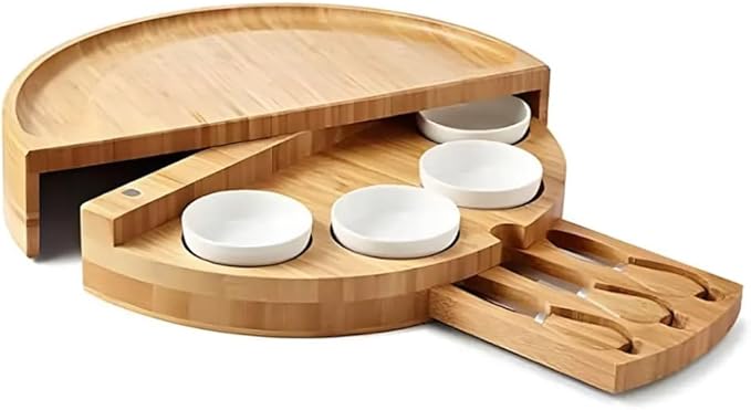Bamboo Cheese Board Set with Cutlery, Foldable Charcuterie Board with Ceramic Bowls and Knife Set, Portable Serving Tray for Cheese, Steak, Pizza (Half Round with Small Bowl Knife and Fork)