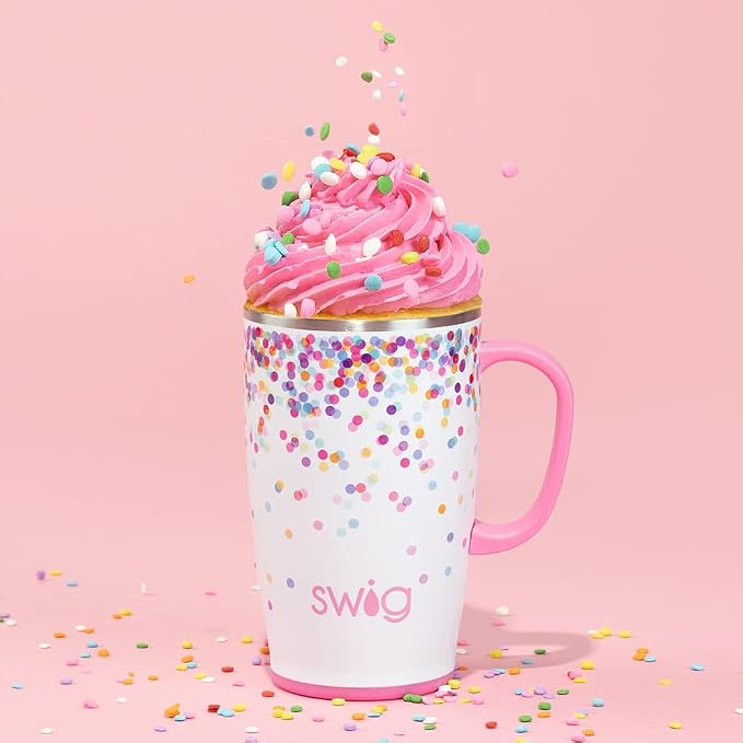Swig Life 18oz Travel Mug, Insulated Tumbler with Handle and Lid, Cup Holder Friendly, Dishwasher Safe, Lightweight Stainless Steel Travel Coffee Cup, Glitter Tumbler, Glitter Gifts (Confetti)