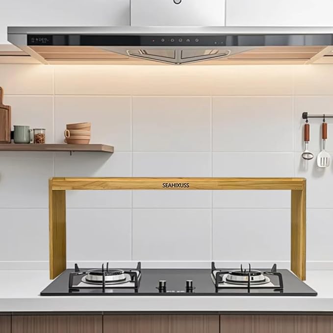 Bamboo Wood Over the Stove Spice Shelf for Kitchen Storage, 31.5" Spice Rack Organizer Stove Top Shelf with 6 hooks, 11.4" Height Extra Oven Back Sink Countertop, Easy to Assemble