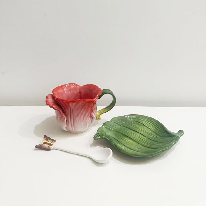 Ceramic Tea Cup and Saucer Set ，8OZ 3D Hand-Painted Flower Coffee Mug，Gift for Women -RoseRed