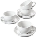 LE TAUCI 8 oz Cappuccino Cups with Saucers, Set of 4 Large Ceramic Coffee Cup Set for Latte, Au Lait, Flat White, Mocha, Tea Cup Set, Dishwasher Safe, Embossed Coffee Cups, White
