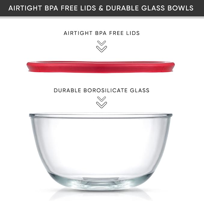JoyJolt Kitchen Mixing Bowls - 8pc Glass with Lids Set – Neat Nesting Large Bowl Batter Cooking Storage and Big Salad BPA-Free Red