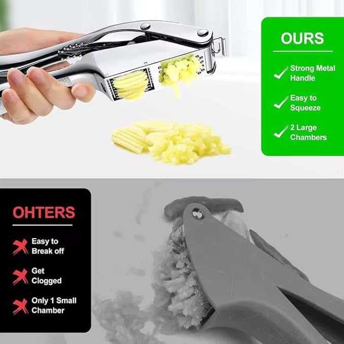 Garlic Press 3 in 1 Stainless Steel & Peeler – Durable Garlic Mincer, Crusher & Chopper with Silicone Roller & Cleaning Brush – Dishwasher Safe Kitchen Gadget