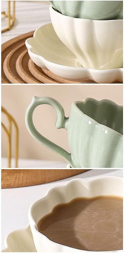 Flower Shaped Ceramic Coffee Cup Teacup with Saucer, Set of 2
