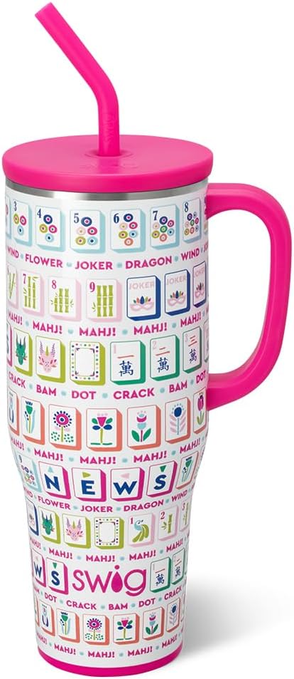 Swig Life 40oz Mega Mug, 40oz Tumbler with Handle and Straw, Extra Large Insulated Tumblers, Cup Holder Friendly Travel Mug (Mahjong)
