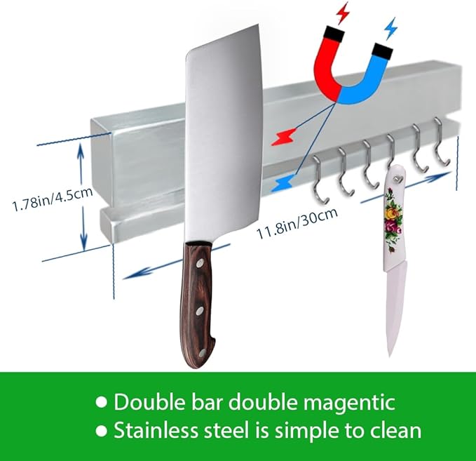 YIIYIIN 12" Premium 304 Stainless Steel Double-Sided Magnetic Knife Holder for Wall -with Adhesive Strip, No Drill -6 Hooks Included for Kitchen Utensils