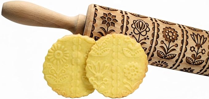FOLKSY FLOWERS Embossing Rolling Pin. Laser Engraved Dough Roller with Folk Pattern for Embossed Cookies and Pottery by Algis Crafts