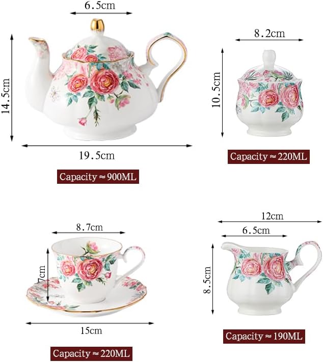 15 Piece British Bone China Tea Cup Sets, Elegant red Rose Pattern, Cups and Saucers Service for 4, with Teapot Sugar Bowl Cream Pitcher Teaspoons for Tea/Coffee, Gifts Set for Adults.