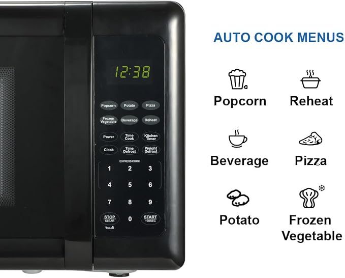 Emerson MW7302B Compact Countertop Microwave Oven with Touch Control, LED Display, 700W, 10 Power Levels, 6 Auto Menus, Glass Turntable and Child Safe Lock, 0.7 Cu., Ft. Black