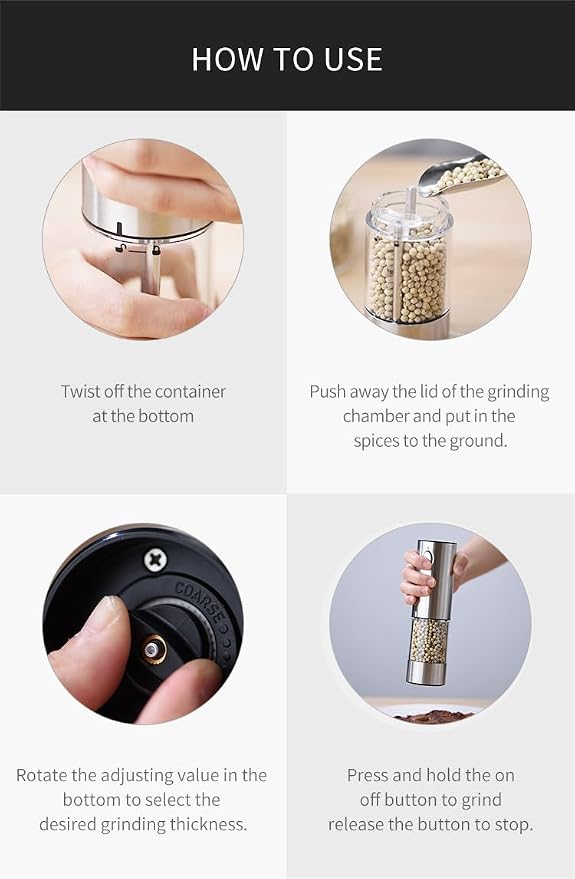 Electric Salt and Pepper Grinder Set, Rechargeable Automatic, Adjustable | USB-C rechargeable, one-hand automatic grinding, 6 coarseness levels, top-fill 3.2oz, storage base, stainless steel, LED