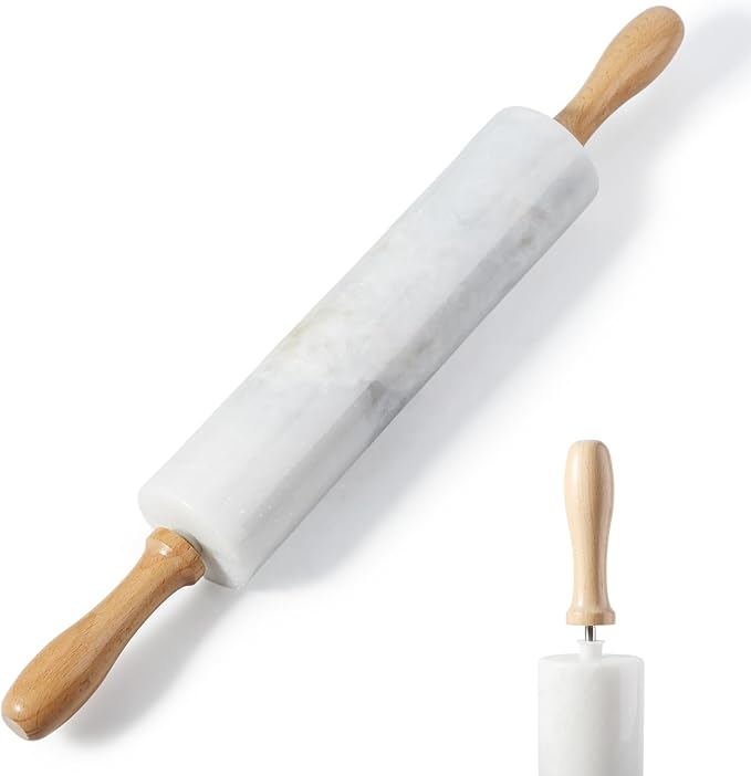 Koville White Marble Rolling Pin With Wooden Handles & Wood Cradle, 18 Inch Polished Marble Rolling Pins For Making Pizza Dough, Dough Roller For Pie Crust, Cookie, Pasta, Ergonomic Handles