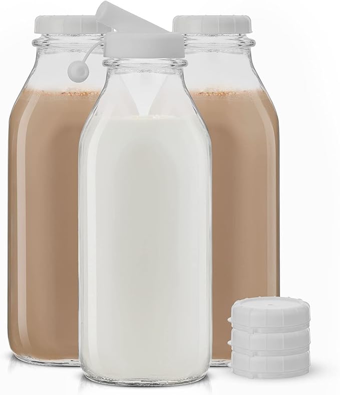 JoyJolt Glass Milk Bottles with Lids and Pourer – 32 Oz, 3 Pack Airtight Heavy Duty Reusable Glass Bottles, Leakproof, BPA-Free, Food Grade, Dishwasher Safe Jug, Pitcher for Milk, Juice, and Water