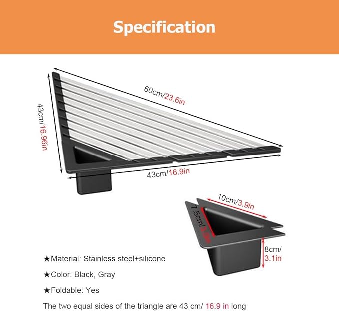 2 Packs Collapsible Triangle Dish Drying Rack for Sink Corner, Multipurpose Anti-Slip Over The Sink Dish Drainer Mat for Kitchen(Gray,Large)