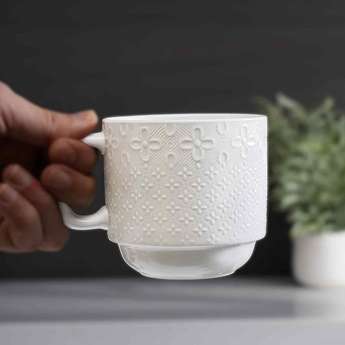 Stackable Coffee Mug Set of 4 with Stand, 10oz Ceramic Cups with Spoons – Ribbed Porcelain Mugs for Tea, Latte, Cappuccino – Microwave & Dishwasher Safe – Gift for Home & Office Use (White)