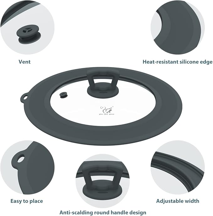 Vented Tempered Glass Universal Lid for Pot Pan Skillet with Heat Resistant Silicone Rim Microwave Splatter Lid Cover Microwave Safe Fit 8” 8.5” 9“ Cookware, Dishwasher Safe Grey