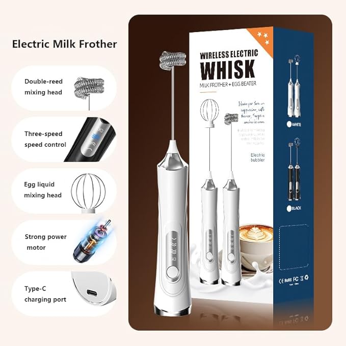 Rechargeable Milk Frother Mini Handheld Wireless Cream Whipper Stainless Steel Double-headed Replaceable 3 Speeds Type-C Charging Port for Cakes and Coffee Latte Patterns (White)
