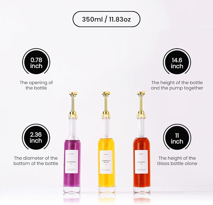 Molimoli Coffee Syrup Dispenser for Coffee Bar, Coffee Pump Dispenser | Coffee Syrup Dispenser for Coffee Bar, Glass Syrup Bottle w. Pumps and Labels Set of 2, 350ml & 500ml (Gold)