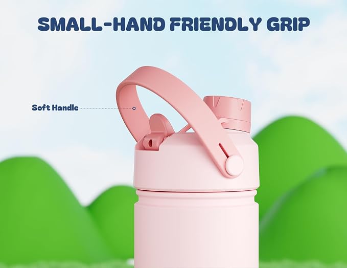 Kids Water Bottle for School: 2-in-1 Straw Spout Lid with Soft Animal Head, Leakproof, Backpack Friendly, Keep Cold 24H, Insulated cup for Sports, Playground, Holiday Gift, 18oz, (Cotton Candy)