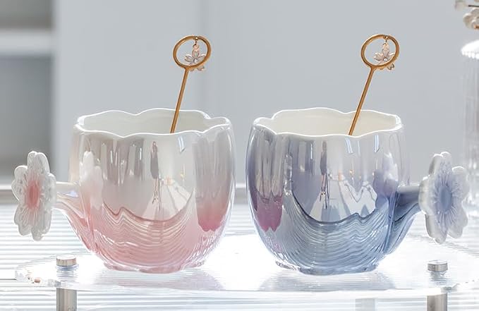 Pearl Ceramic Coffee Mug for Tea Latte Milk Cute Love Shape Cup for Home Office Women Gift 6.5 oz (cherry pink, 350 ml)