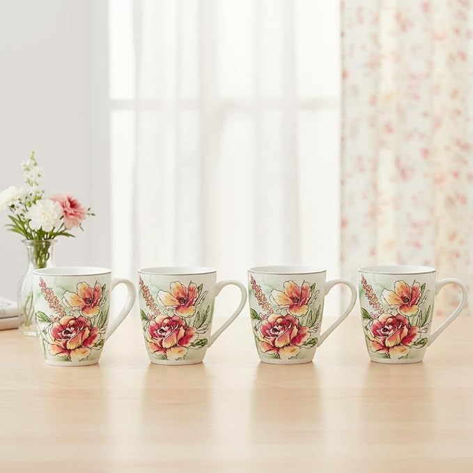 Lorren Home Trends Floral Rose Coffee Mug Set of 4, 12 Oz, Microwave and Dishwasher Safe, Bone China (PINK)