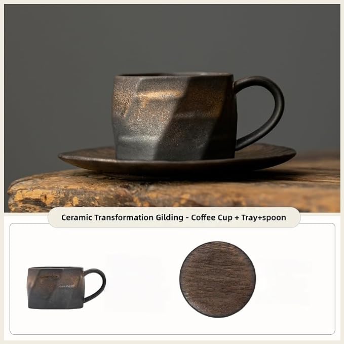Japanese Style Handmade Ceramic Coffee Mug Set with ceramic Saucer & Stainless steel stirring spoon - 7.4 fl oz Retro Pottery Tea Cup for Espresso, Office, Home -Eco-Friendly & Heat Insulated Cups