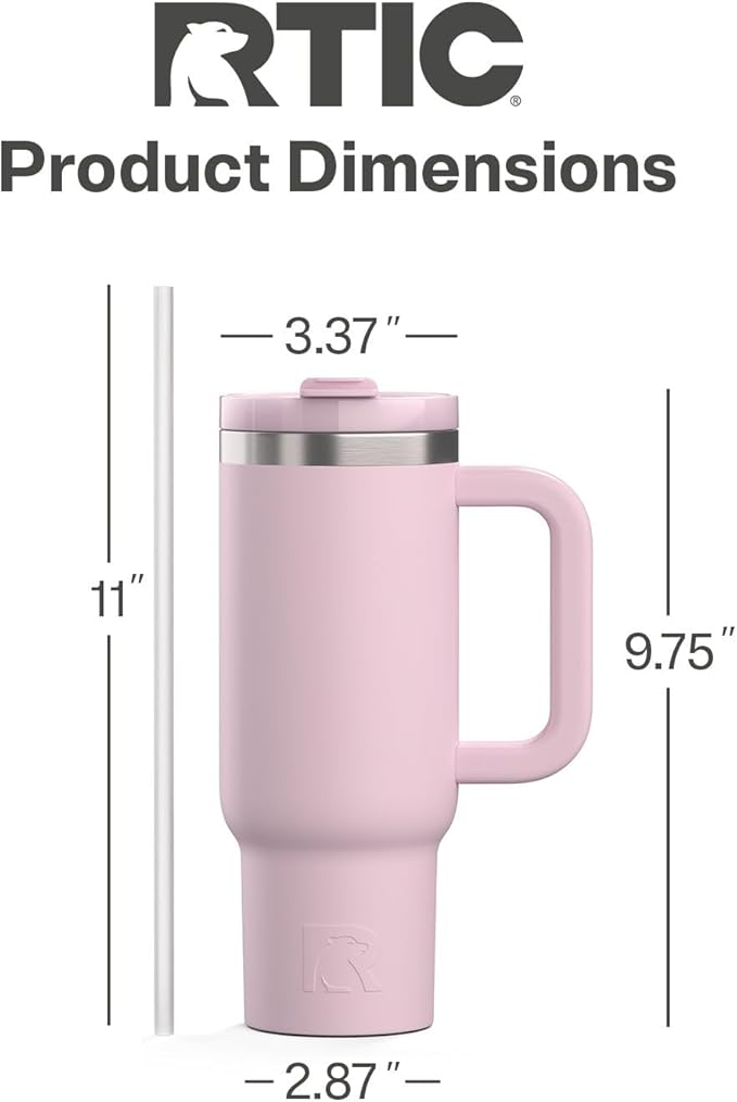 RTIC 30 oz Road Trip Tumbler Double-Walled Ceramic Lined InsulatedStainless Steel Portable Travel Coffee Mug Cup with Lid, Handle and Straw, Pale Pink