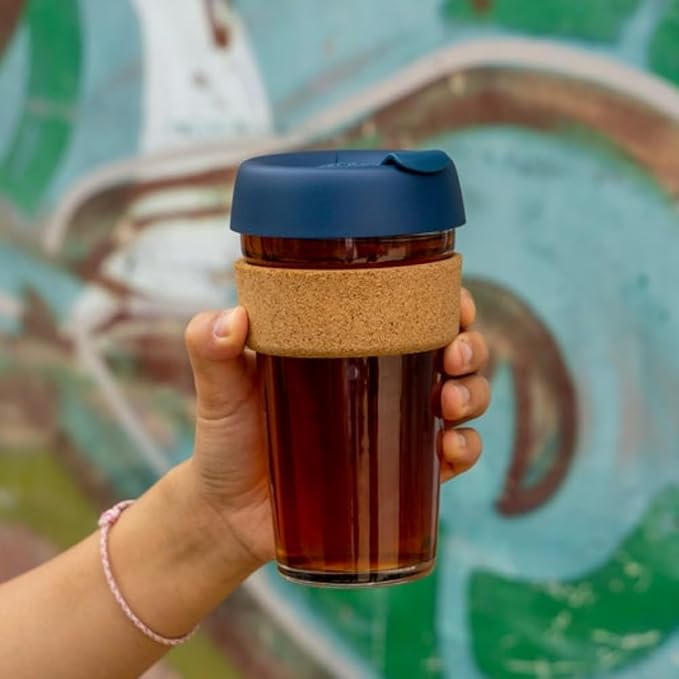 KeepCup Brew Cork, Reusable Glass Tumbler with Natural Cork, Grande Coffee Cup 16oz/454ml - Deep