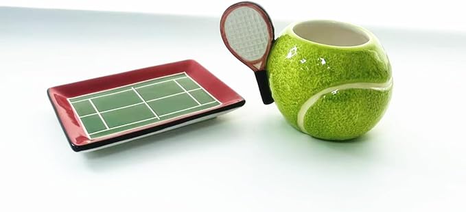 Ceramic Coffee Mug and Saucer set, 3D Handmade and Hand-painted Tennis and Tennis Court Design Tea Mug, 250ml(8.45oz)
