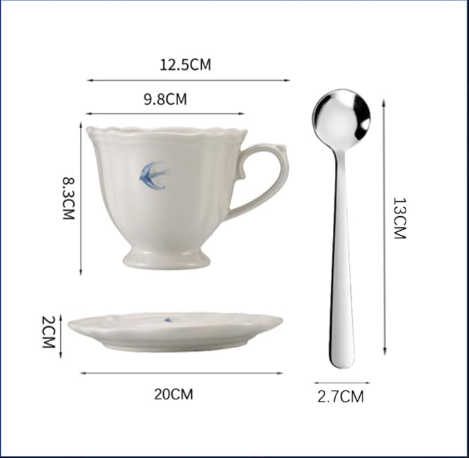 Bone China Hand Painted Hummingbird Tea Cups and Saucers with Spoons in Giftbox, 8oz Ceramic Coffee Mug, Cute Floral Vintage British Teacup for Women, Father, Party, Birthday Gift Set of 2
