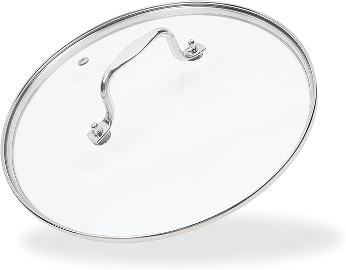 10.5 Inch Clear Glass Pot Lid for Frying Pan Replacement Cover Can Withstand 428°F (220℃) with Stainless Steel Arch Bridge Handle,Polished Silver