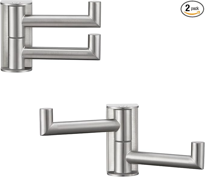 APLusee 2 Pack Swivel Coat Hooks Brushed Nickel, 304 Stainless Steel Foldable Bathroom Towel Hooks with 2 Rotating Arms, Wall Mounted