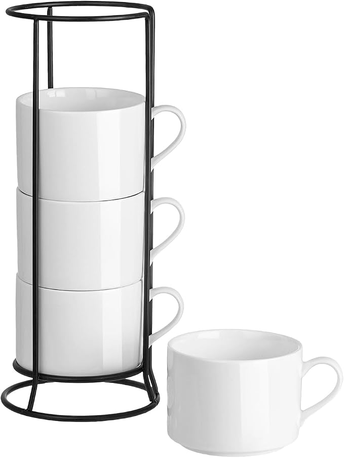 10oz Stackable Coffee Mugs Set of 4 with Stand, White Ceramic Coffee Cups Set for Cappuccino, Latte, Tea, Milk, Housewarming Gift
