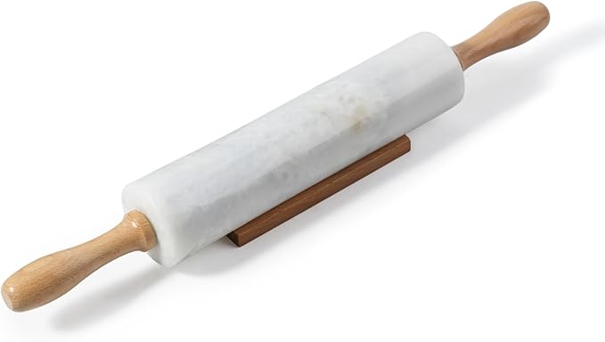Koville White Marble Rolling Pin With Wooden Handles & Wood Cradle, 18 Inch Polished Marble Rolling Pins For Making Pizza Dough, Dough Roller For Pie Crust, Cookie, Pasta, Ergonomic Handles