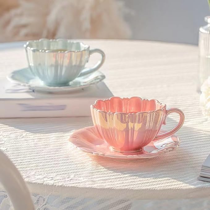 Pearl floral Ceramic Coffee Mug with Coaster Set for Tea Latte Milk Cute Cup with Saucer for Home Office Women Gift 6.5 oz (petal blue, 240 ml)