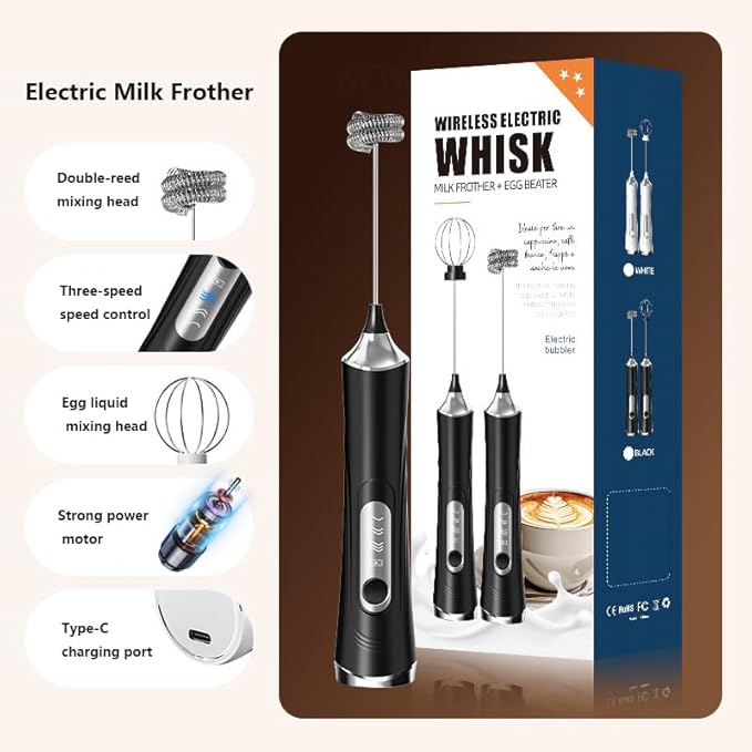 Rechargeable Milk Frother Mini Handheld Wireless Cream Whipper Stainless Steel Double-headed Replaceable 3 Speeds Type-C Charging Port for Cakes and Coffee Latte Patterns (Black)