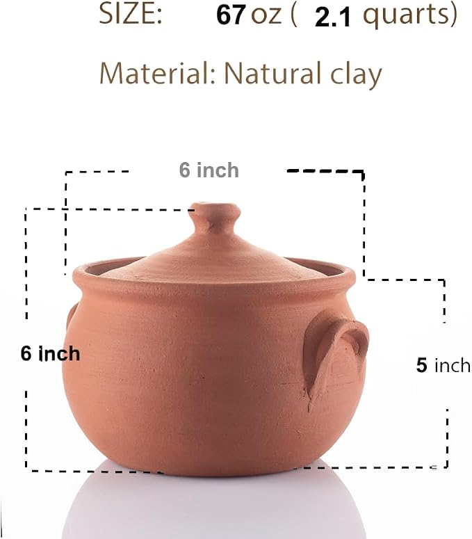 Earthenware Clay Mud Eathern Terracotta Cooking Pot Pottery Cazuela Cookware with Lid Natural Stovetop Stove Top Stone Stew Rice Unglazed Mexican Indian Kitchen Oven Terra Cotta Handcrafted Traditional Healthy (2.1 Quarts - Size3)